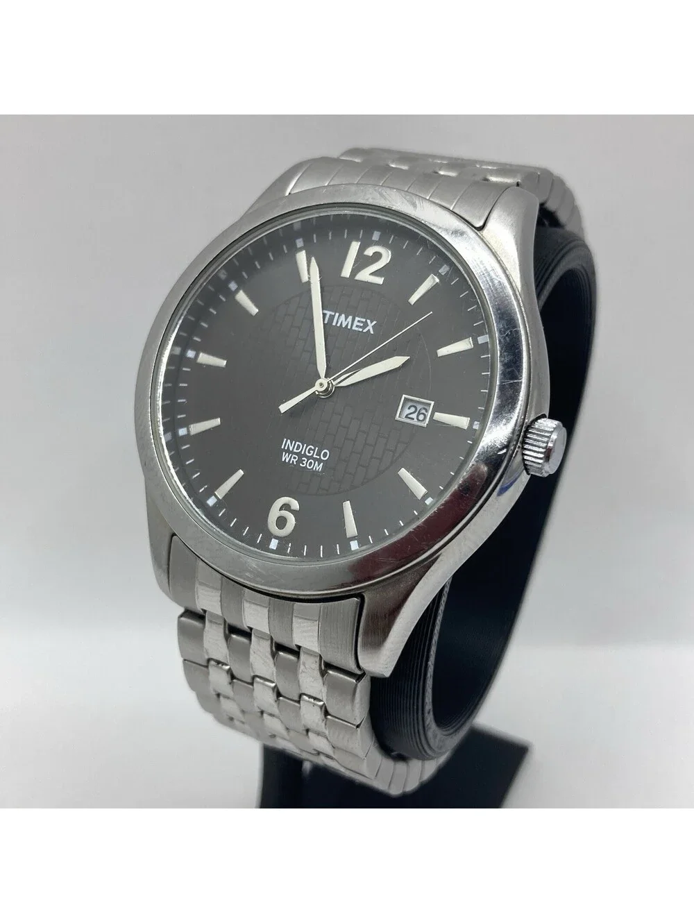 Timex Men's T2N848 Indiglo Dress Watch Charcoal Gray Brick Dial Date 39mm Silver